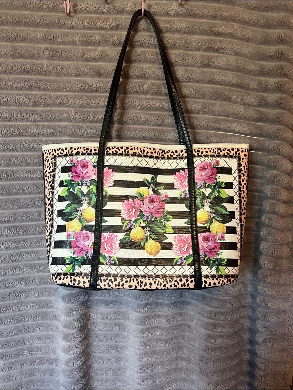 Betsey Johnson Black & White Striped Tote with Pink Florals and Yellow Lemons - Picture 3 of 4